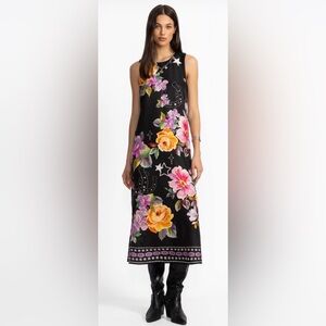 New Johnny Was KAROLINA TEA LENGTH DRESS Size XS with Horseshoes & Floral Print